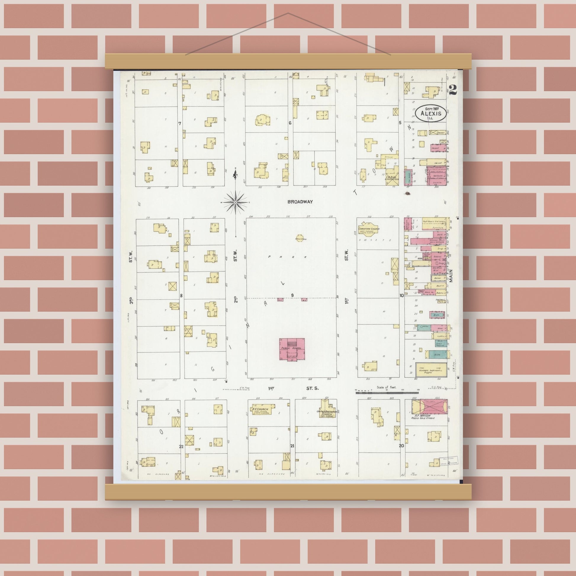 Old map wall art mockup — magnetic wood frame on brick wall — Sanborn Fire Insurance Map from Alexis, Warren County, Illinois (1907), Sheet #0002