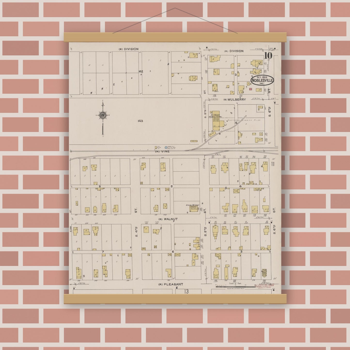 Old map wall art mockup — magnetic wood frame on brick wall — Sanborn Fire Insurance Map from Noblesville, Hamilton County, Indiana (1922), Sheet #0010