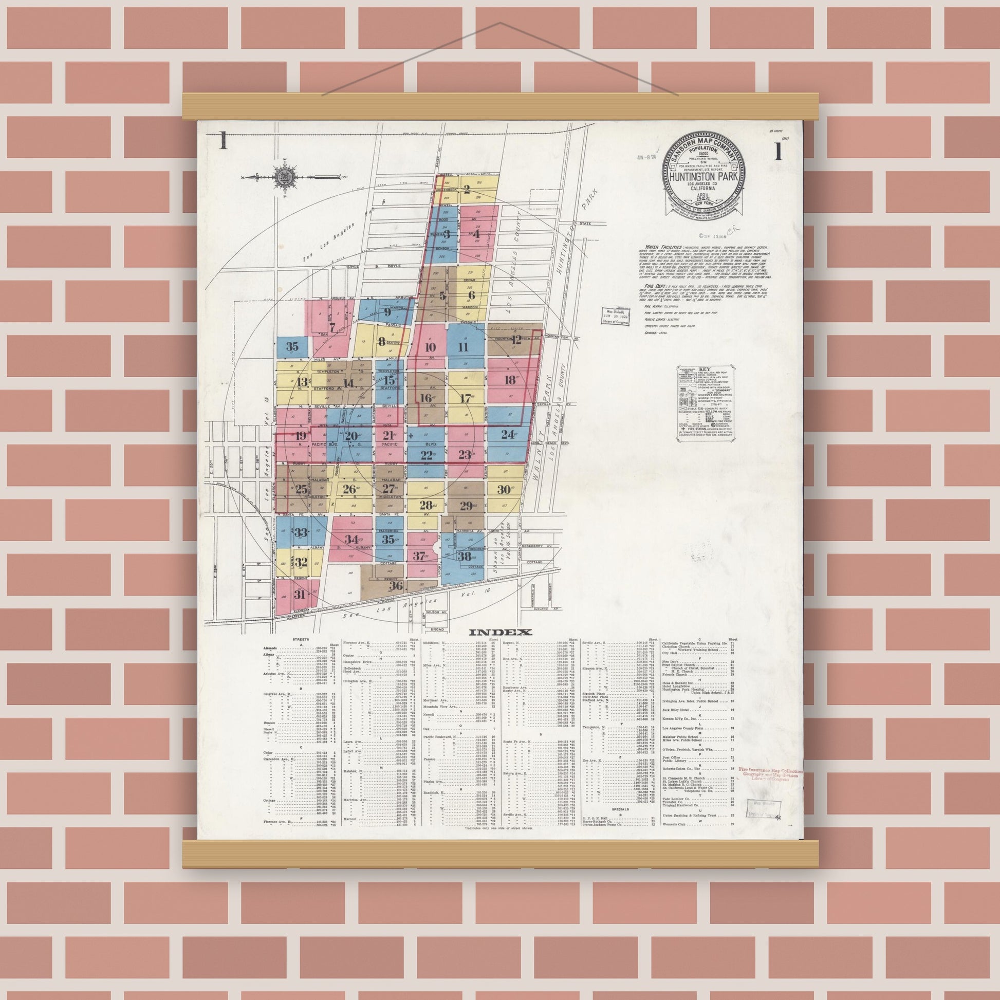 Old map wall art mockup — magnetic wood frame on brick wall — Sanborn Fire Insurance Map from Huntington Park, Los Angeles County, California (1924), Sheet #0001