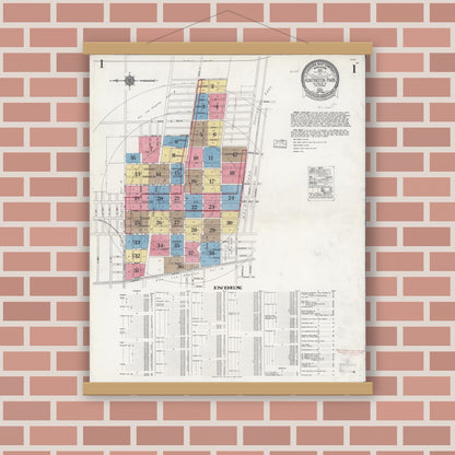 Old map wall art mockup — magnetic wood frame on brick wall — Sanborn Fire Insurance Map from Huntington Park, Los Angeles County, California (1924), Sheet #0001