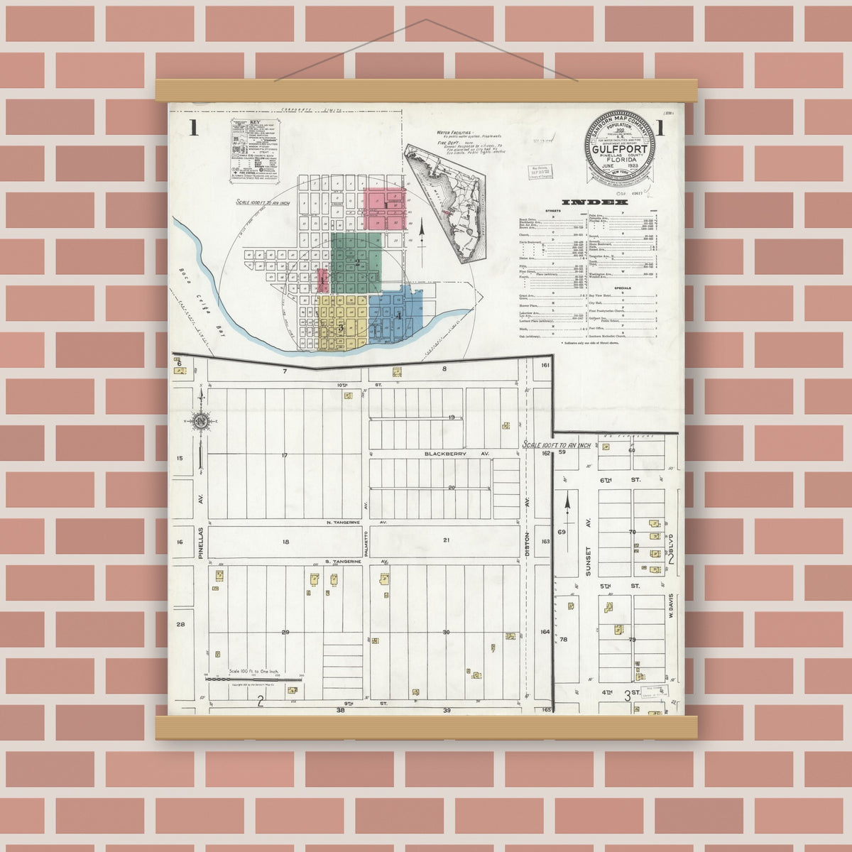 Old map wall art mockup — magnetic wood frame on brick wall — Sanborn Fire Insurance Map from Gulfport, Pinellas County, Florida (1923) - Complete Map Set