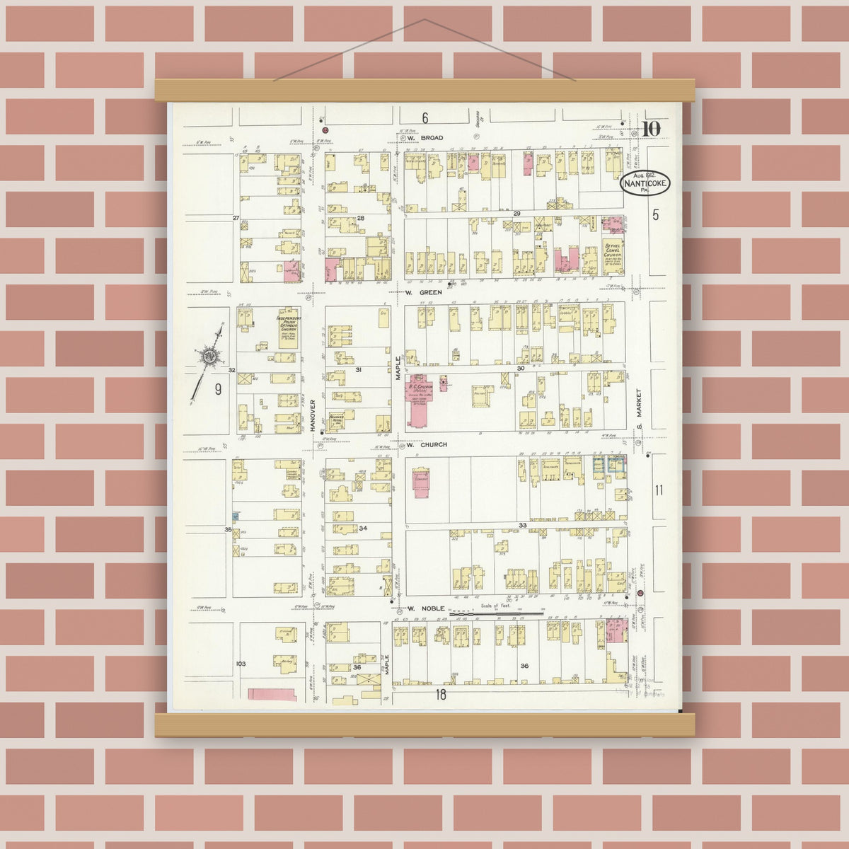 Old map wall art mockup — magnetic wood frame on brick wall — Sanborn Fire Insurance Map from Nanticoke, Luzerne County, Pennsylvania (1912), Sheet #0010