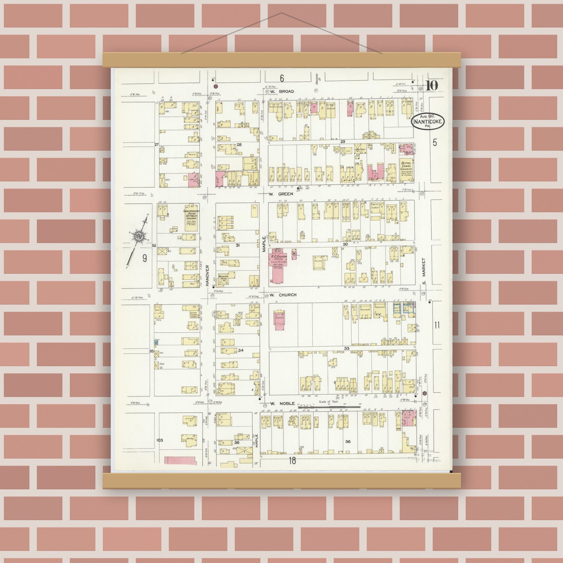 Old map wall art mockup — magnetic wood frame on brick wall — Sanborn Fire Insurance Map from Nanticoke, Luzerne County, Pennsylvania (1912), Sheet #0010