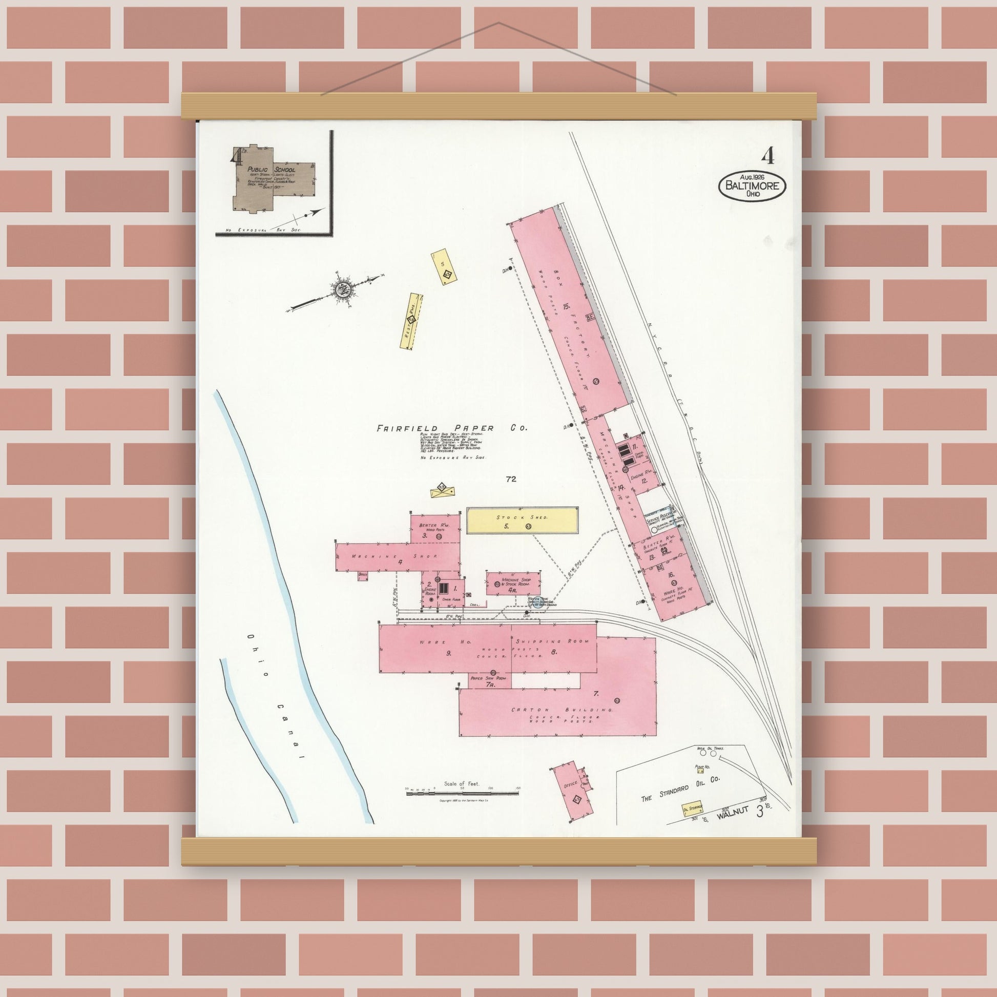 Old map wall art mockup — magnetic wood frame on brick wall — Sanborn Fire Insurance Map from Baltimore, Fairfield County, Ohio (1926), Sheet #0004