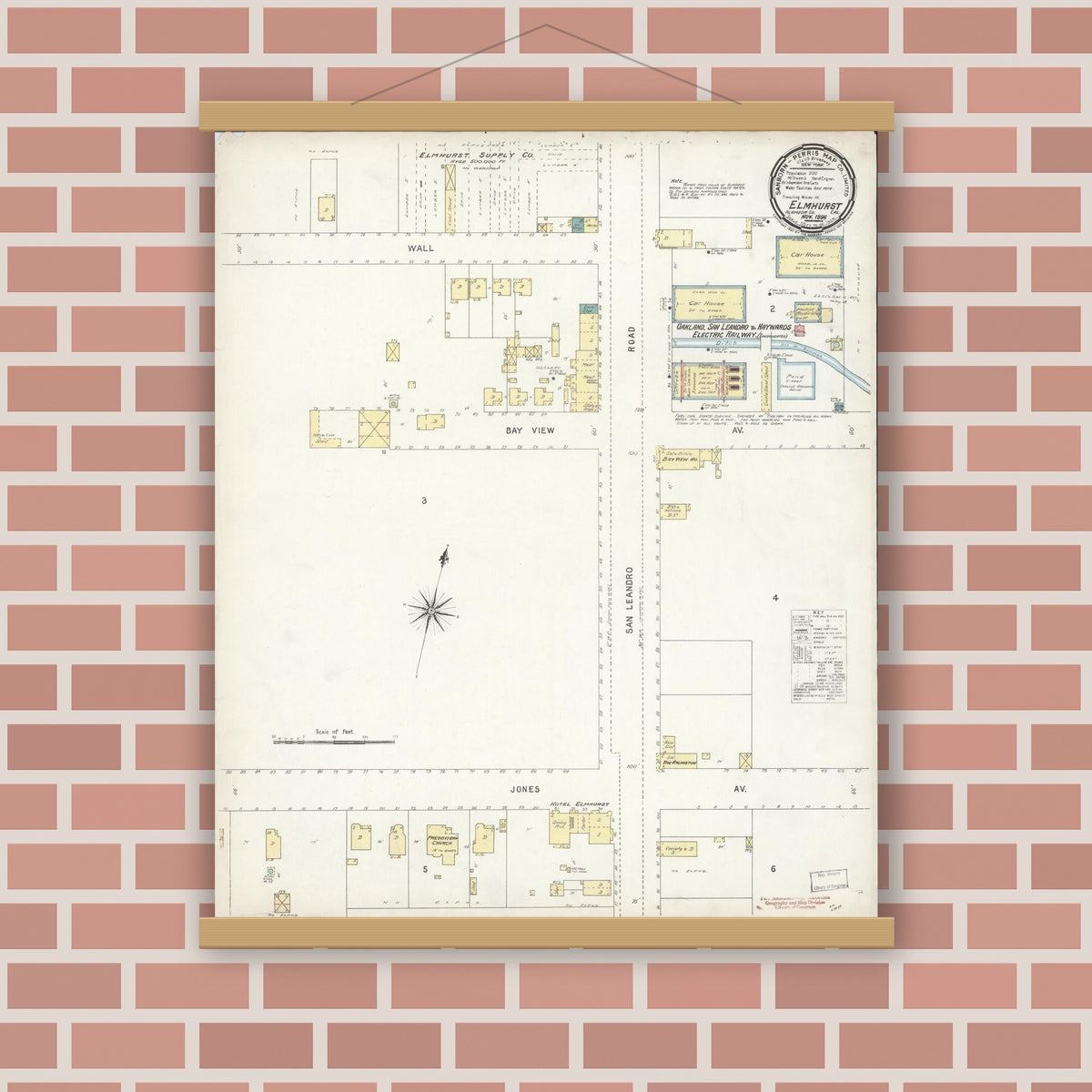 Old map wall art mockup — magnetic wood frame on brick wall — Sanborn Fire Insurance Map from Elmhurst, Alameda County, California (1896), Sheet #0001