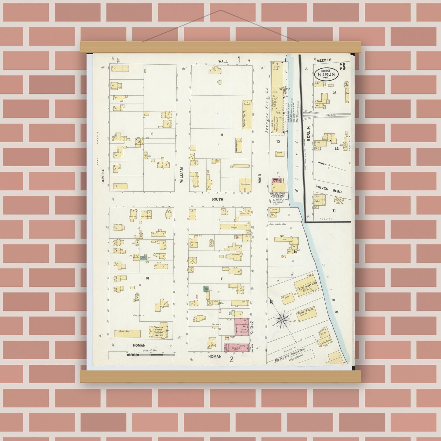 Old map wall art mockup — magnetic wood frame on brick wall — Sanborn Fire Insurance Map from Huron, Erie County, Ohio (1901), Sheet #0003