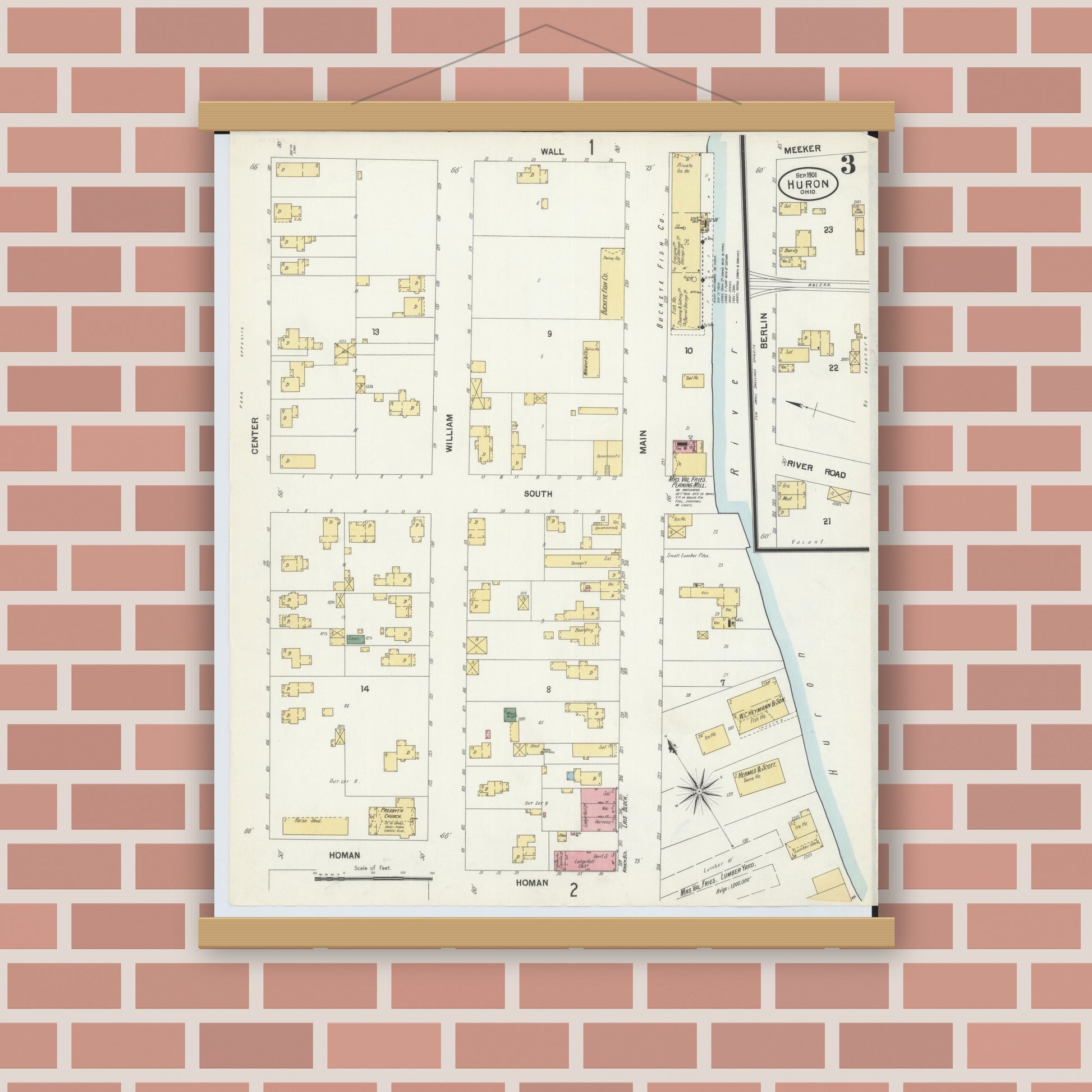 Old map wall art mockup — magnetic wood frame on brick wall — Sanborn Fire Insurance Map from Huron, Erie County, Ohio (1901), Sheet #0003
