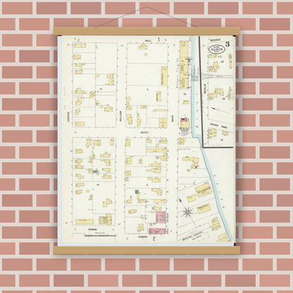 Old map wall art mockup — magnetic wood frame on brick wall — Sanborn Fire Insurance Map from Huron, Erie County, Ohio (1901), Sheet #0003