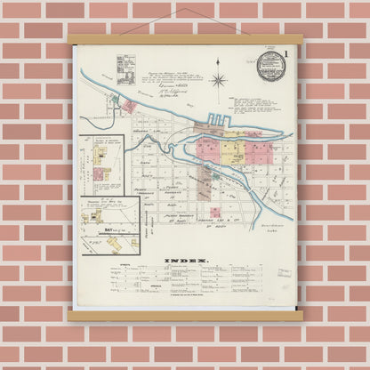 Old map wall art mockup — magnetic wood frame on brick wall — Sanborn Fire Insurance Map from Traverse City, Grand Traverse County, Michigan (1890) - Complete Map Set