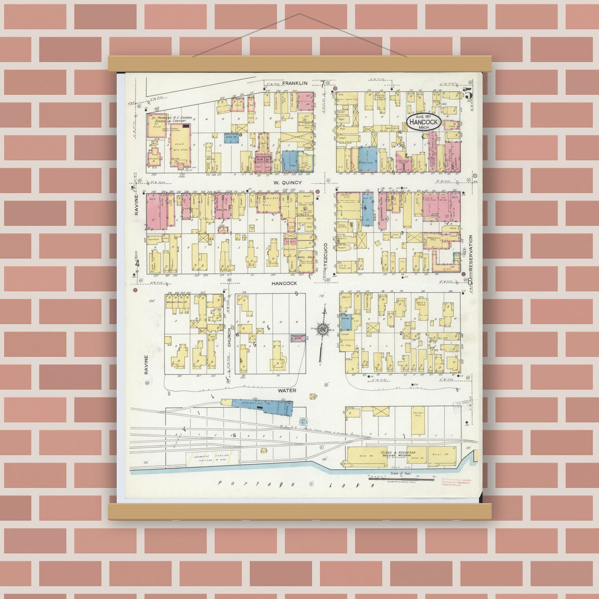 Old map wall art mockup — magnetic wood frame on brick wall — Sanborn Fire Insurance Map from Hancock, Houghton County, Michigan (1917), Sheet #0005
