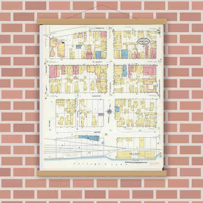 Old map wall art mockup — magnetic wood frame on brick wall — Sanborn Fire Insurance Map from Hancock, Houghton County, Michigan (1917), Sheet #0005