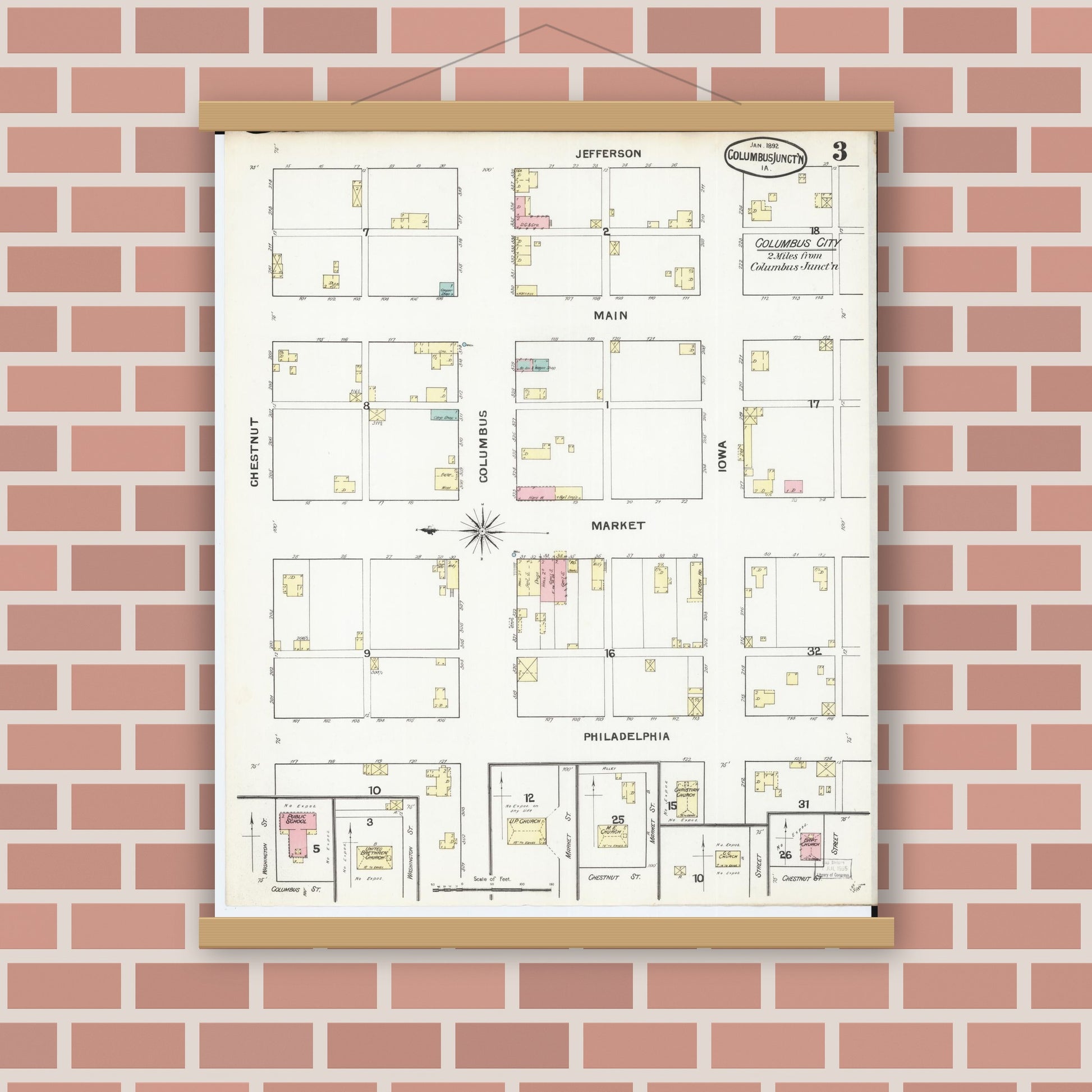 Old map wall art mockup — magnetic wood frame on brick wall — Sanborn Fire Insurance Map from Columbus Junction, Louisa County, Iowa (1892), Sheet #0003