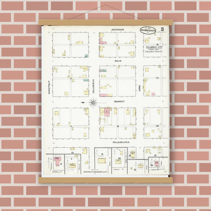 Old map wall art mockup — magnetic wood frame on brick wall — Sanborn Fire Insurance Map from Columbus Junction, Louisa County, Iowa (1892), Sheet #0003