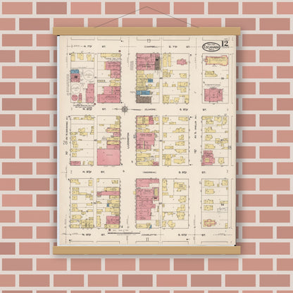 Old map wall art mockup — magnetic wood frame on brick wall — Sanborn Fire Insurance Map from Escanaba, Delta County, Michigan (1921), Sheet #0012