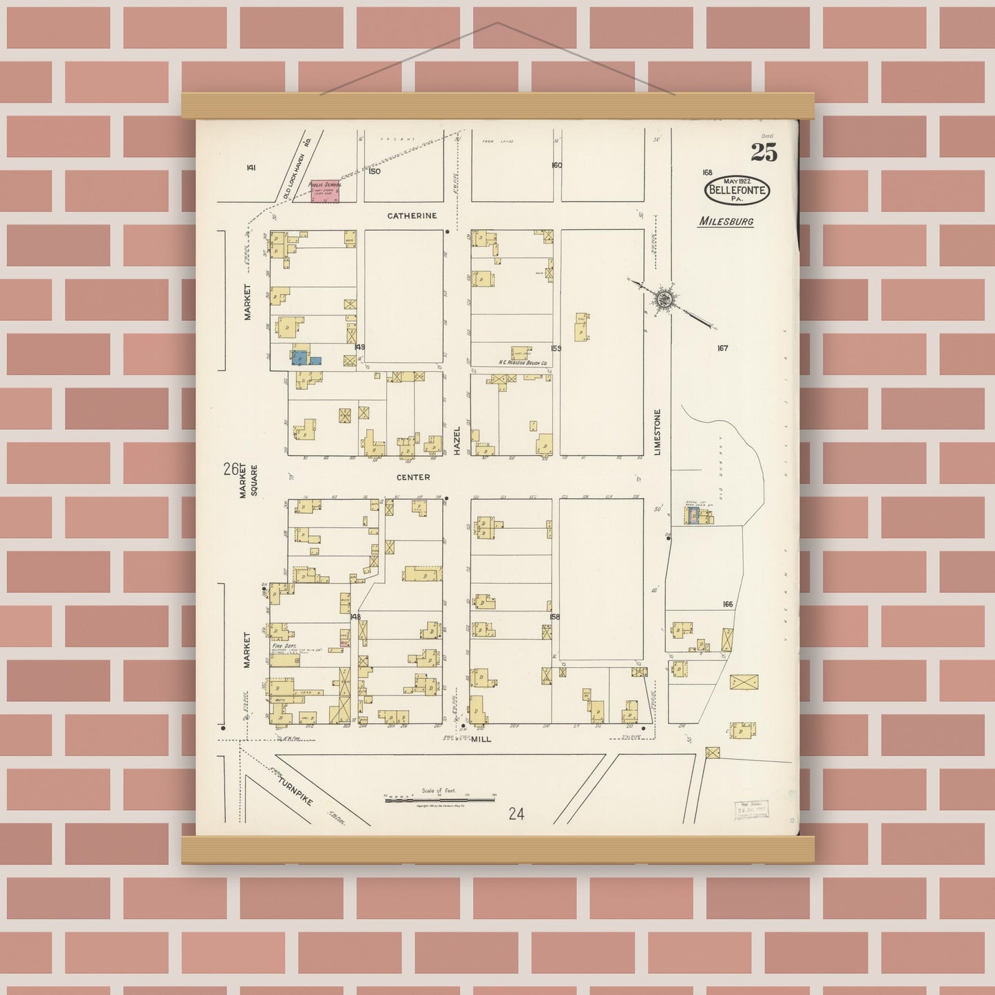 Old map wall art mockup — magnetic wood frame on brick wall — Sanborn Fire Insurance Map from Bellefonte, Centre County, Pennsylvania (1922), Sheet #0025
