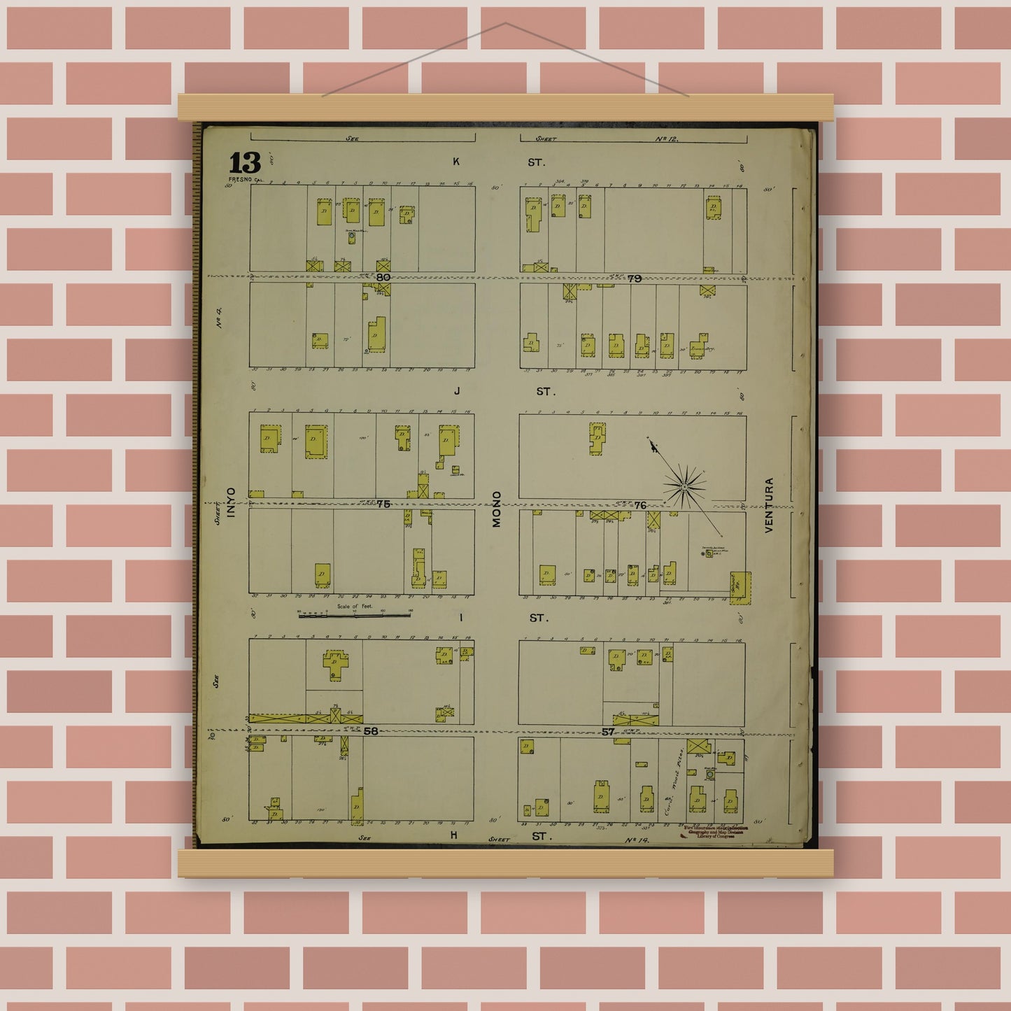 Old map wall art mockup — magnetic wood frame on brick wall — Sanborn Fire Insurance Map from Fresno, Fresno County, California (1888), Sheet #0013
