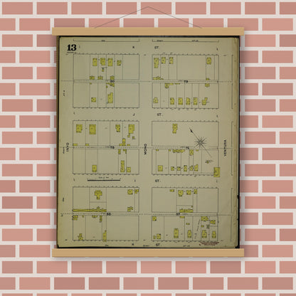 Old map wall art mockup — magnetic wood frame on brick wall — Sanborn Fire Insurance Map from Fresno, Fresno County, California (1888), Sheet #0013