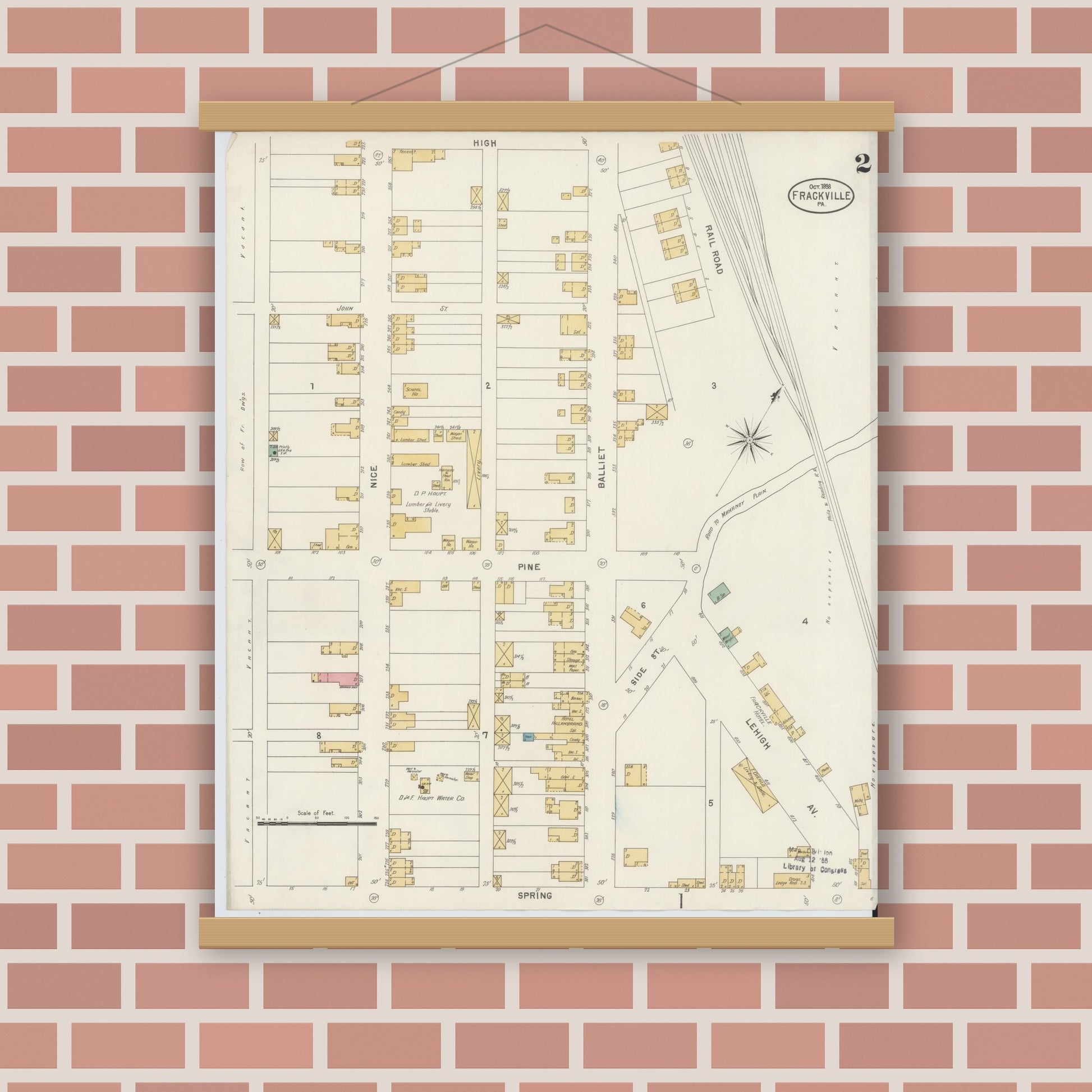 Old map wall art mockup — magnetic wood frame on brick wall — Sanborn Fire Insurance Map from Frackville, Schuylkill County, Pennsylvania (1898), Sheet #0002