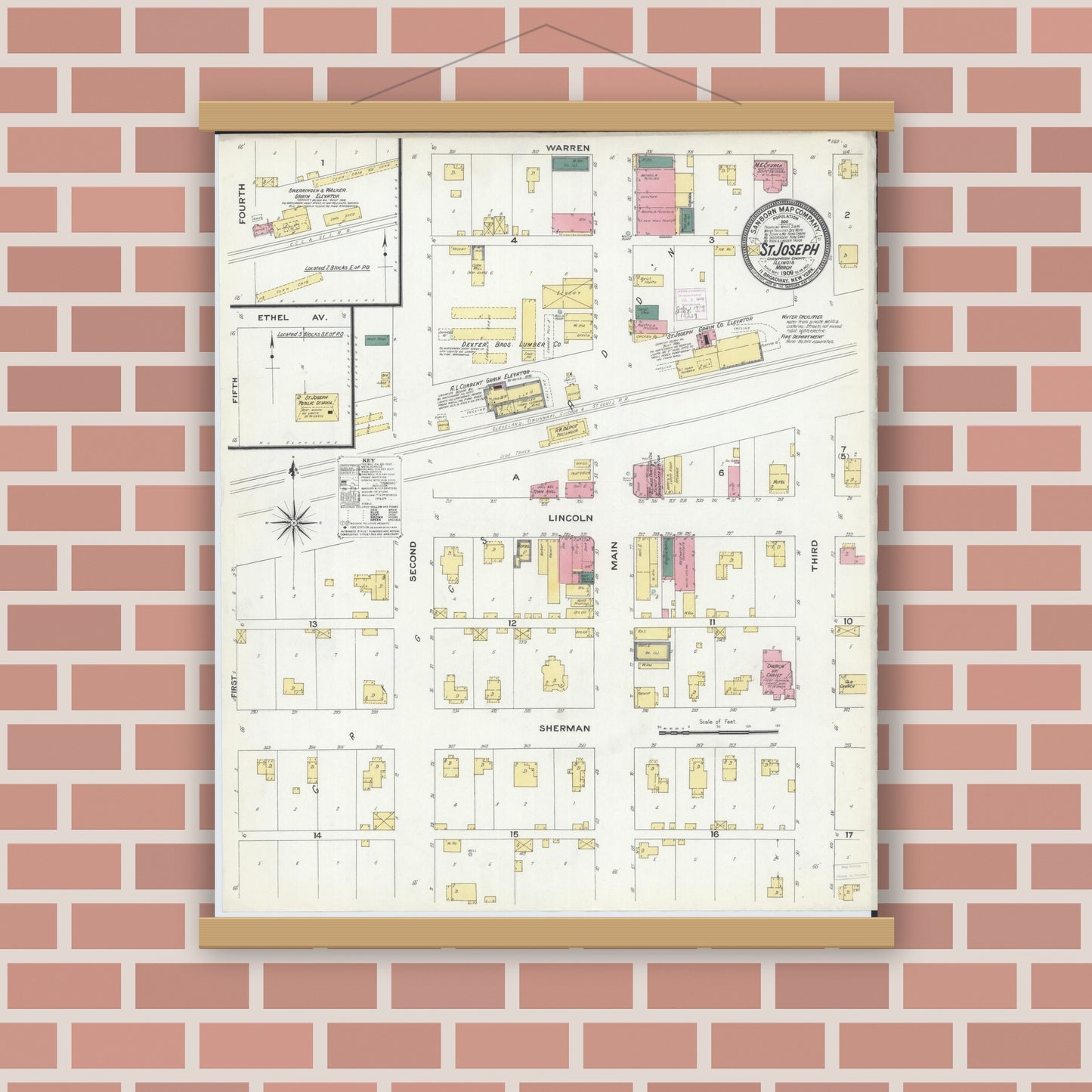 Old map wall art mockup — magnetic wood frame on brick wall — Sanborn Fire Insurance Map from Saint Joseph, Champaign County, Illinois (1909), Sheet #0001