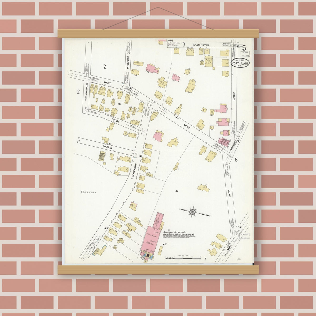 Old map wall art mockup — magnetic wood frame on brick wall — Sanborn Fire Insurance Map from Fort Plain, Montgomery County, New York (1912), Sheet #0005