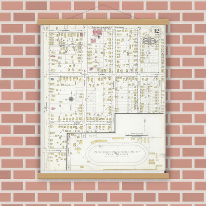 Old map wall art mockup — magnetic wood frame on brick wall — Sanborn Fire Insurance Map from Charlotte, Eaton County, Michigan (1918), Sheet #0012