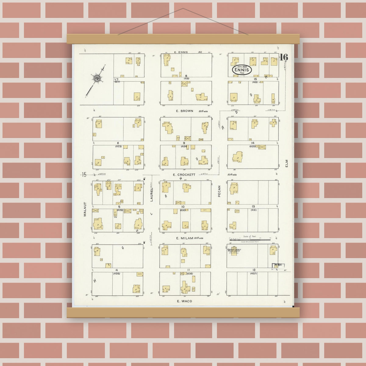 Old map wall art mockup — magnetic wood frame on brick wall — Sanborn Fire Insurance Map from Ennis, Ellis County, Texas (1920), Sheet #0016