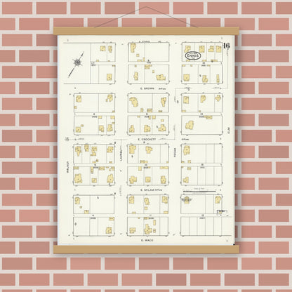 Old map wall art mockup — magnetic wood frame on brick wall — Sanborn Fire Insurance Map from Ennis, Ellis County, Texas (1920), Sheet #0016