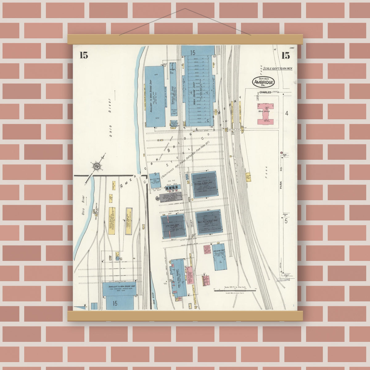 Old map wall art mockup — magnetic wood frame on brick wall — Sanborn Fire Insurance Map from Ambridge, Beaver County, Pennsylvania (1923), Sheet #0015