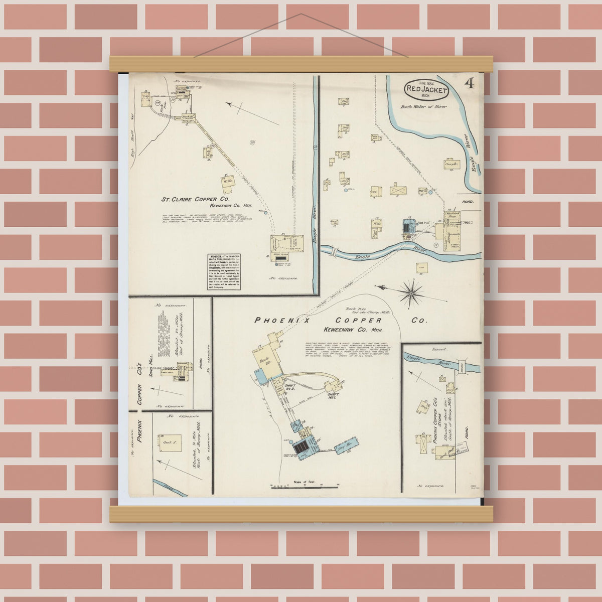 Old map wall art mockup — magnetic wood frame on brick wall — Sanborn Fire Insurance Map from Red Jacket, Houghton County, Michigan (1884), Sheet #0004