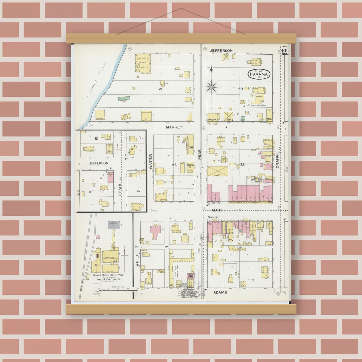 Old map wall art mockup — magnetic wood frame on brick wall — Sanborn Fire Insurance Map from Havana, Mason County, Illinois (1892), Sheet #0002