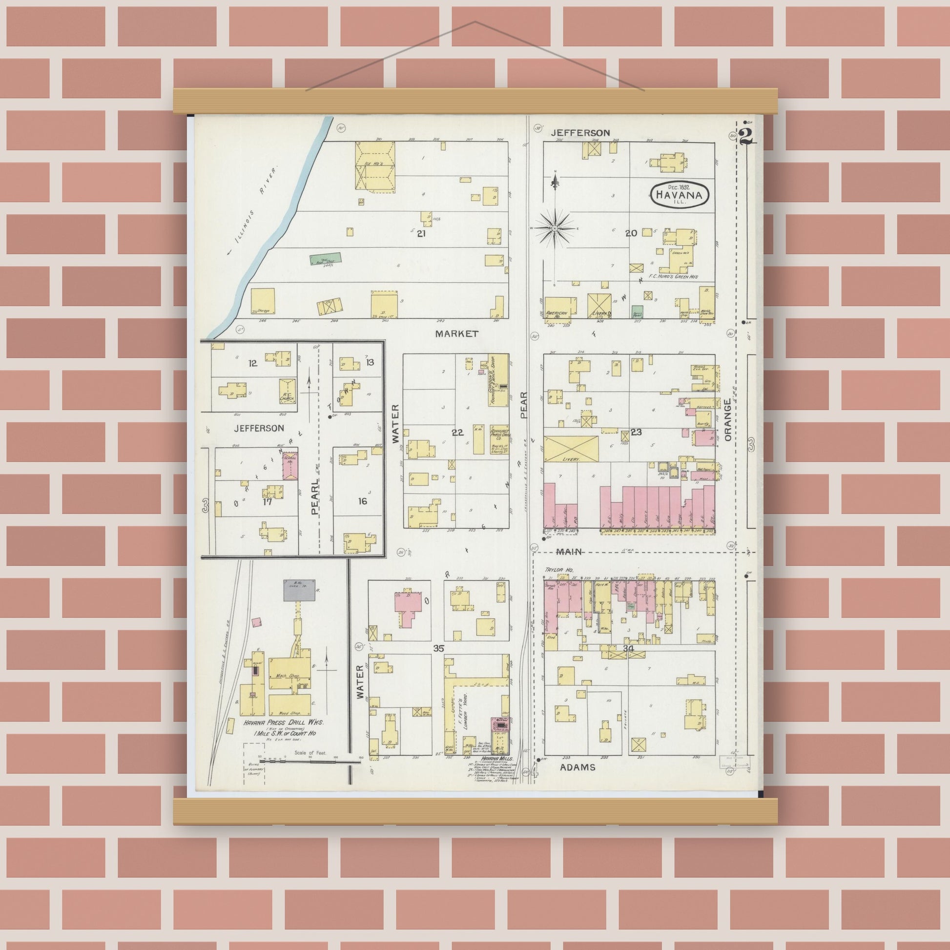 Old map wall art mockup — magnetic wood frame on brick wall — Sanborn Fire Insurance Map from Havana, Mason County, Illinois (1892), Sheet #0002