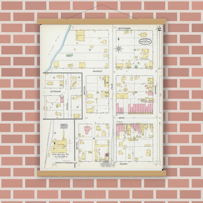 Old map wall art mockup — magnetic wood frame on brick wall — Sanborn Fire Insurance Map from Havana, Mason County, Illinois (1892), Sheet #0002