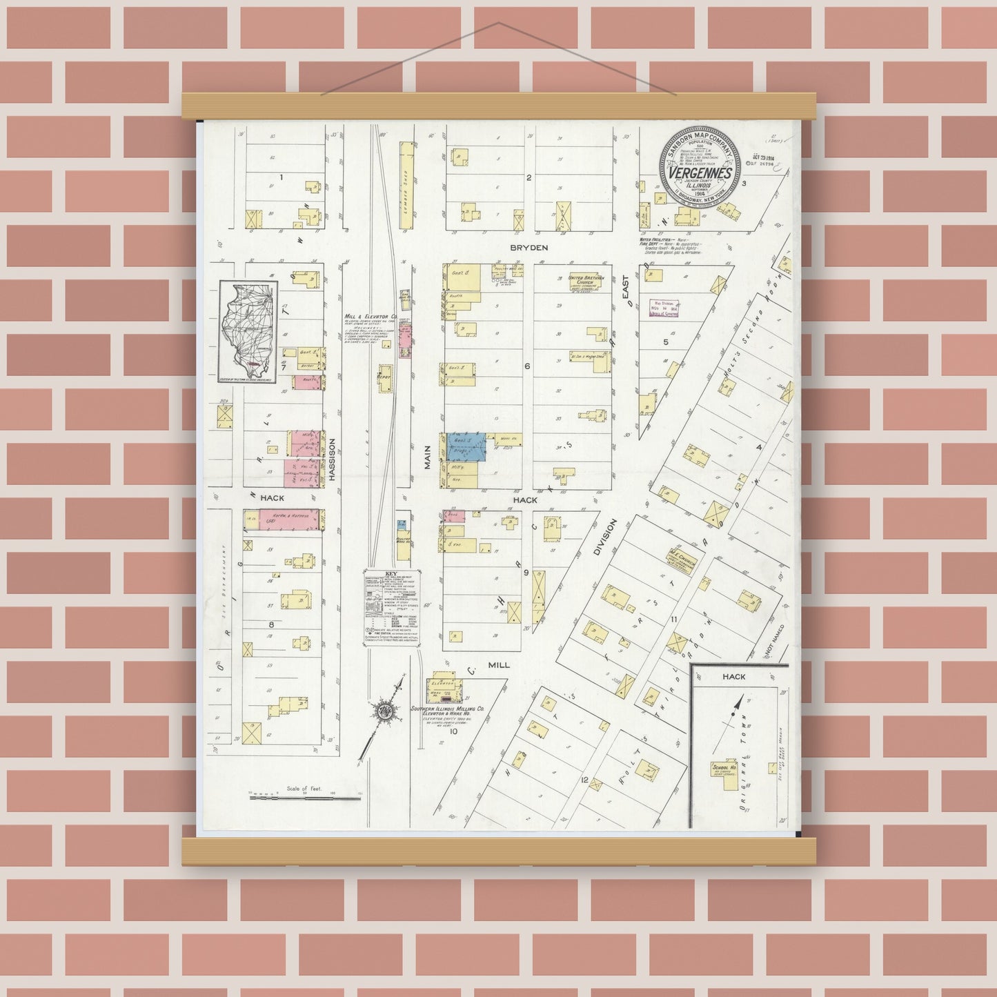 Old map wall art mockup — magnetic wood frame on brick wall — Sanborn Fire Insurance Map from Vergennes, Jackson County, Illinois (1914), Sheet #0001