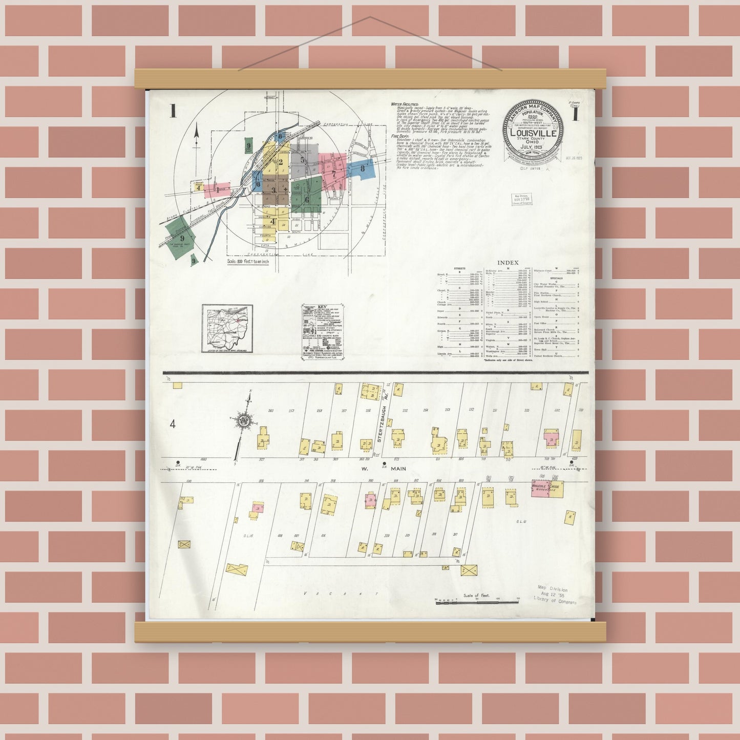Old map wall art mockup — magnetic wood frame on brick wall — Sanborn Fire Insurance Map from Louisville, Stark County, Ohio (1923), Sheet #0001