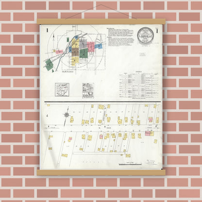 Old map wall art mockup — magnetic wood frame on brick wall — Sanborn Fire Insurance Map from Louisville, Stark County, Ohio (1923), Sheet #0001