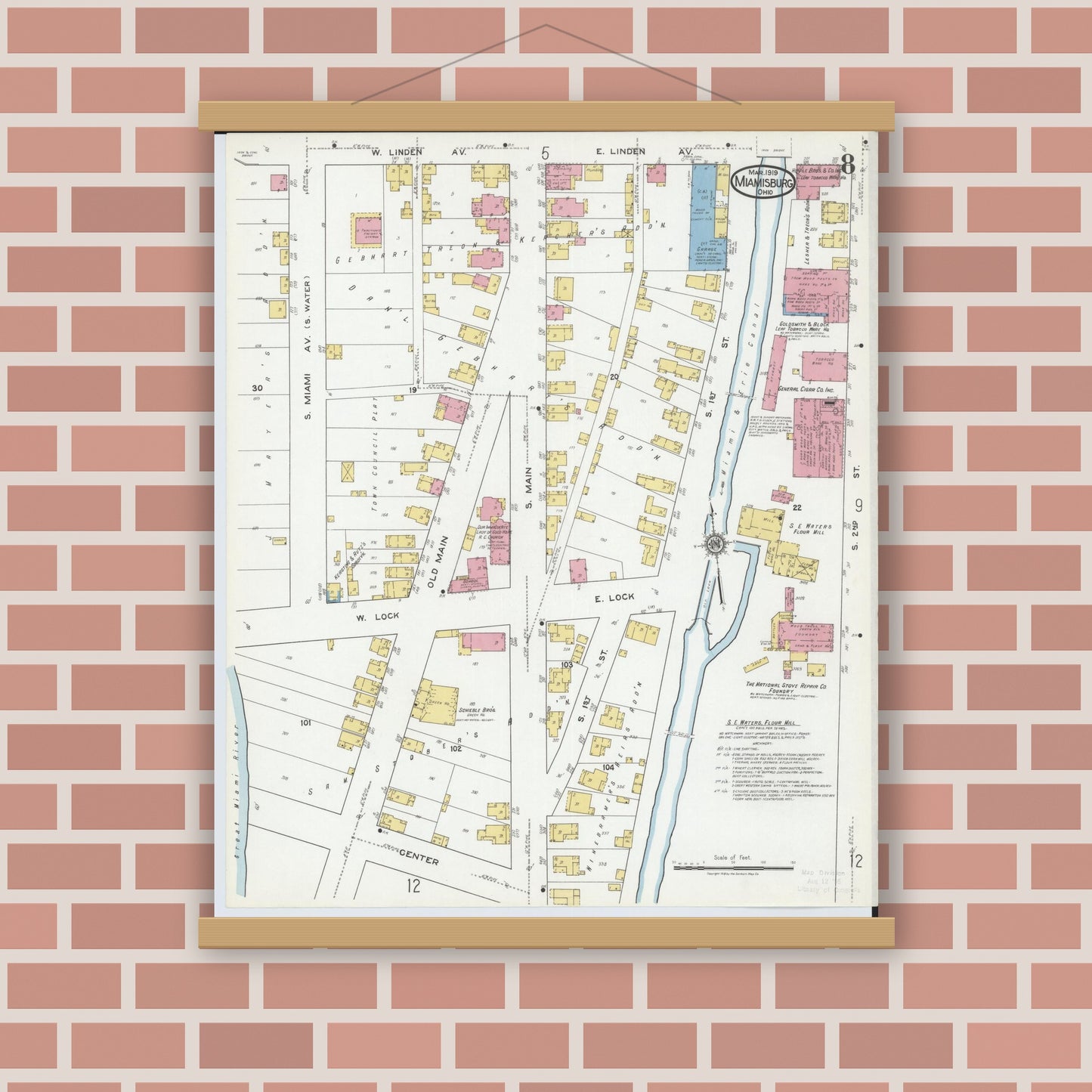 Old map wall art mockup — magnetic wood frame on brick wall — Sanborn Fire Insurance Map from Miamisburg, Montgomery County, Ohio (1919), Sheet #0008