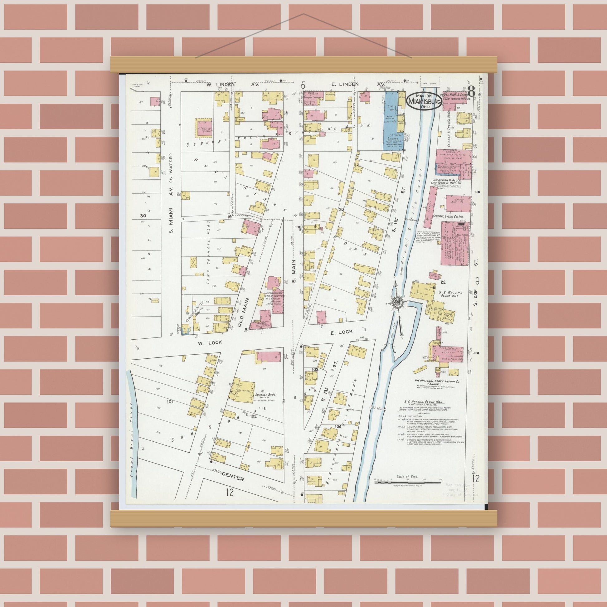 Old map wall art mockup — magnetic wood frame on brick wall — Sanborn Fire Insurance Map from Miamisburg, Montgomery County, Ohio (1919), Sheet #0008