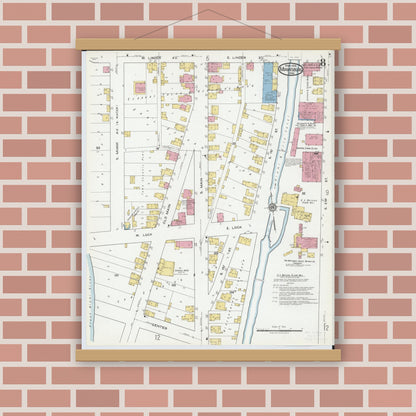 Old map wall art mockup — magnetic wood frame on brick wall — Sanborn Fire Insurance Map from Miamisburg, Montgomery County, Ohio (1919), Sheet #0008