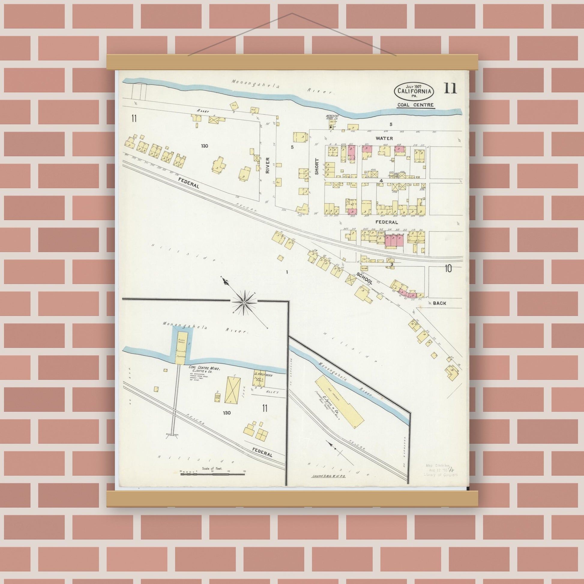 Old map wall art mockup — magnetic wood frame on brick wall — Sanborn Fire Insurance Map from California, Washington County, Pennsylvania (1907), Sheet #0011