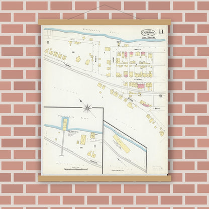 Old map wall art mockup — magnetic wood frame on brick wall — Sanborn Fire Insurance Map from California, Washington County, Pennsylvania (1907), Sheet #0011