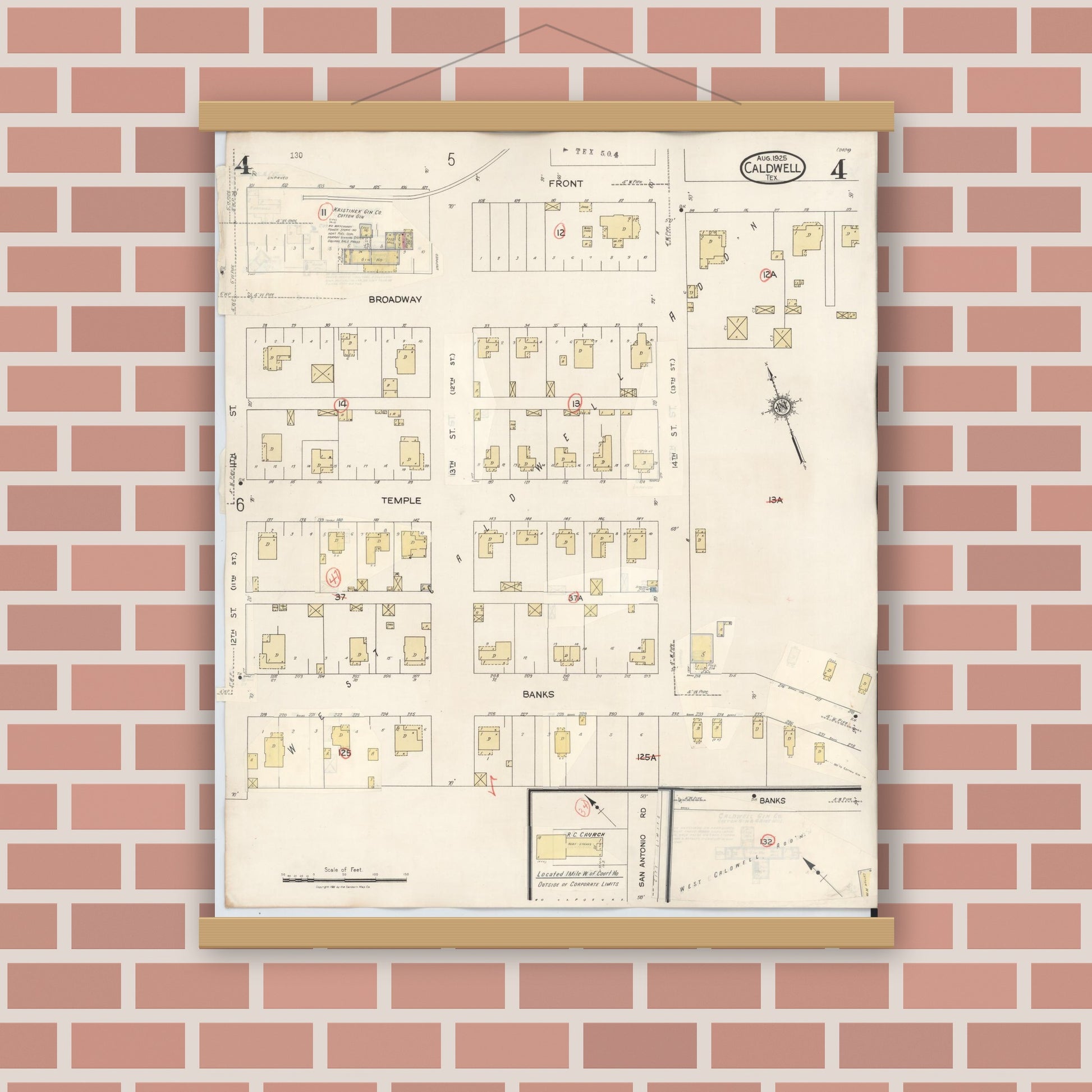 Old map wall art mockup — magnetic wood frame on brick wall — Sanborn Fire Insurance Map from Caldwell, Burleson County, Texas (1943), Sheet #0004