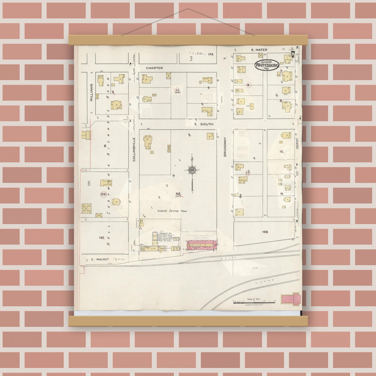 Old map wall art mockup — magnetic wood frame on brick wall — Sanborn Fire Insurance Map from Whitesboro, Grayson County, Texas (1943), Sheet #0007