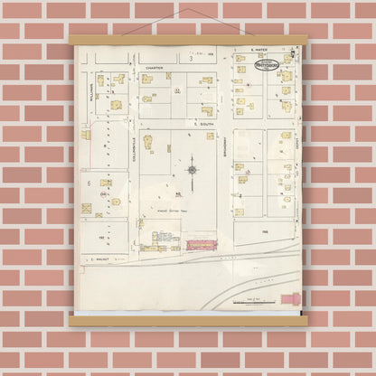 Old map wall art mockup — magnetic wood frame on brick wall — Sanborn Fire Insurance Map from Whitesboro, Grayson County, Texas (1943), Sheet #0007
