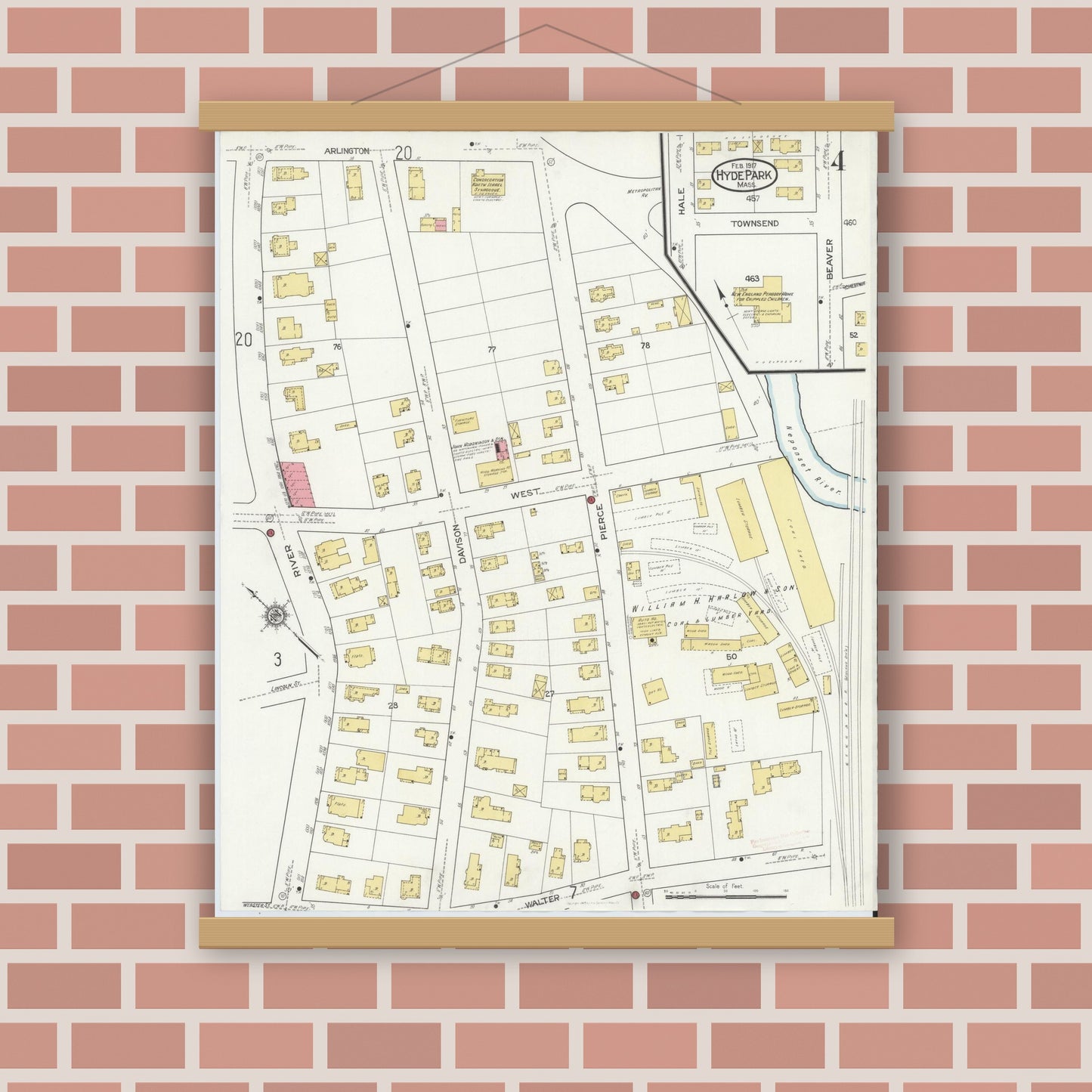 Old map wall art mockup — magnetic wood frame on brick wall — Sanborn Fire Insurance Map from Hyde Park, Norfolk County, Massachusetts (1917), Sheet #0004