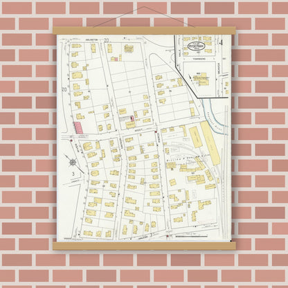 Old map wall art mockup — magnetic wood frame on brick wall — Sanborn Fire Insurance Map from Hyde Park, Norfolk County, Massachusetts (1917), Sheet #0004