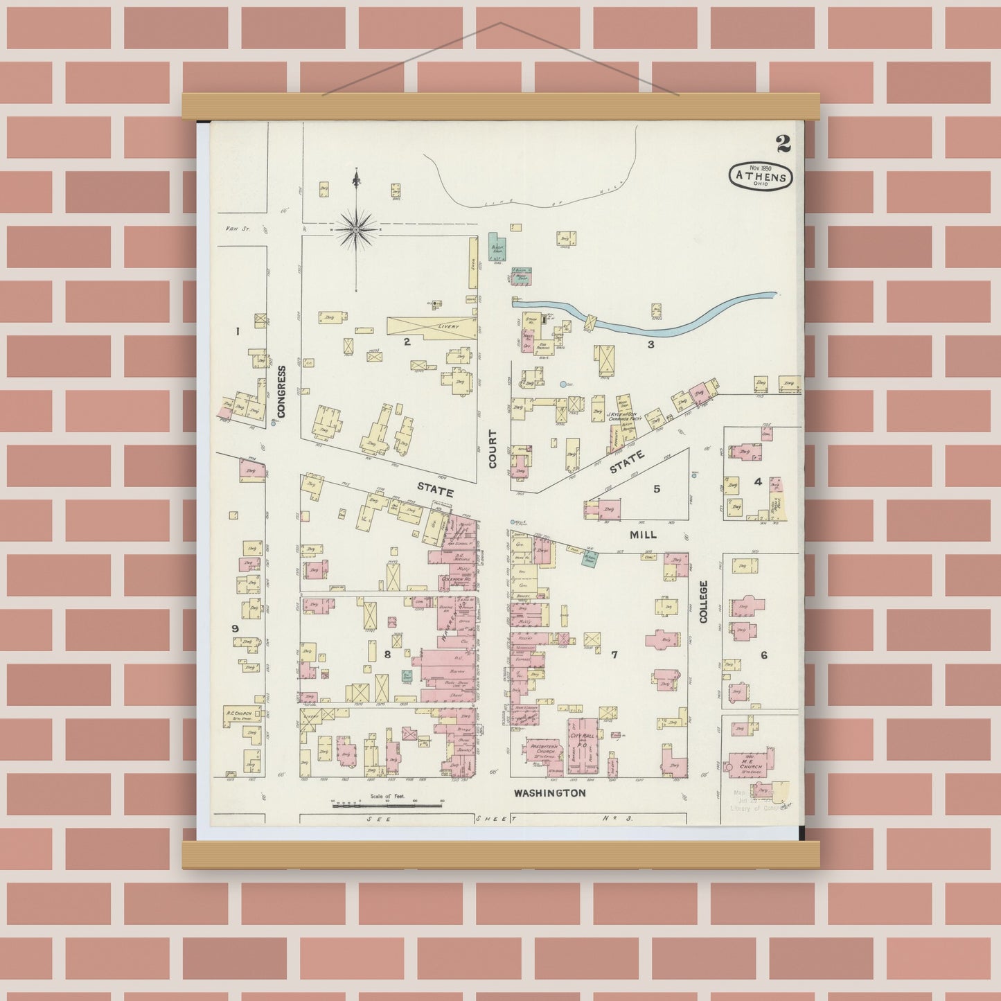 Old map wall art mockup — magnetic wood frame on brick wall — Sanborn Fire Insurance Map from Athens, Athens County, Ohio (1890), Sheet #0002