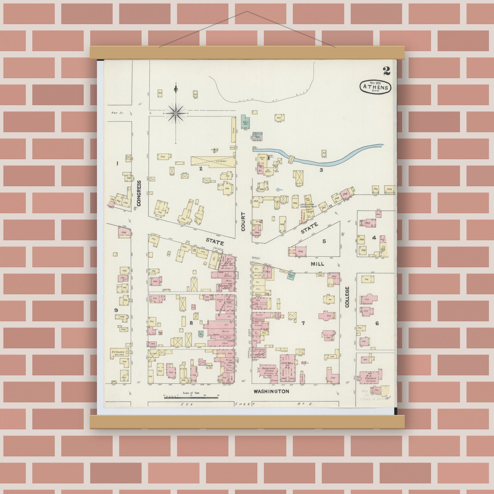Old map wall art mockup — magnetic wood frame on brick wall — Sanborn Fire Insurance Map from Athens, Athens County, Ohio (1890), Sheet #0002