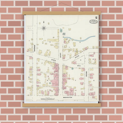 Old map wall art mockup — magnetic wood frame on brick wall — Sanborn Fire Insurance Map from Athens, Athens County, Ohio (1890), Sheet #0002