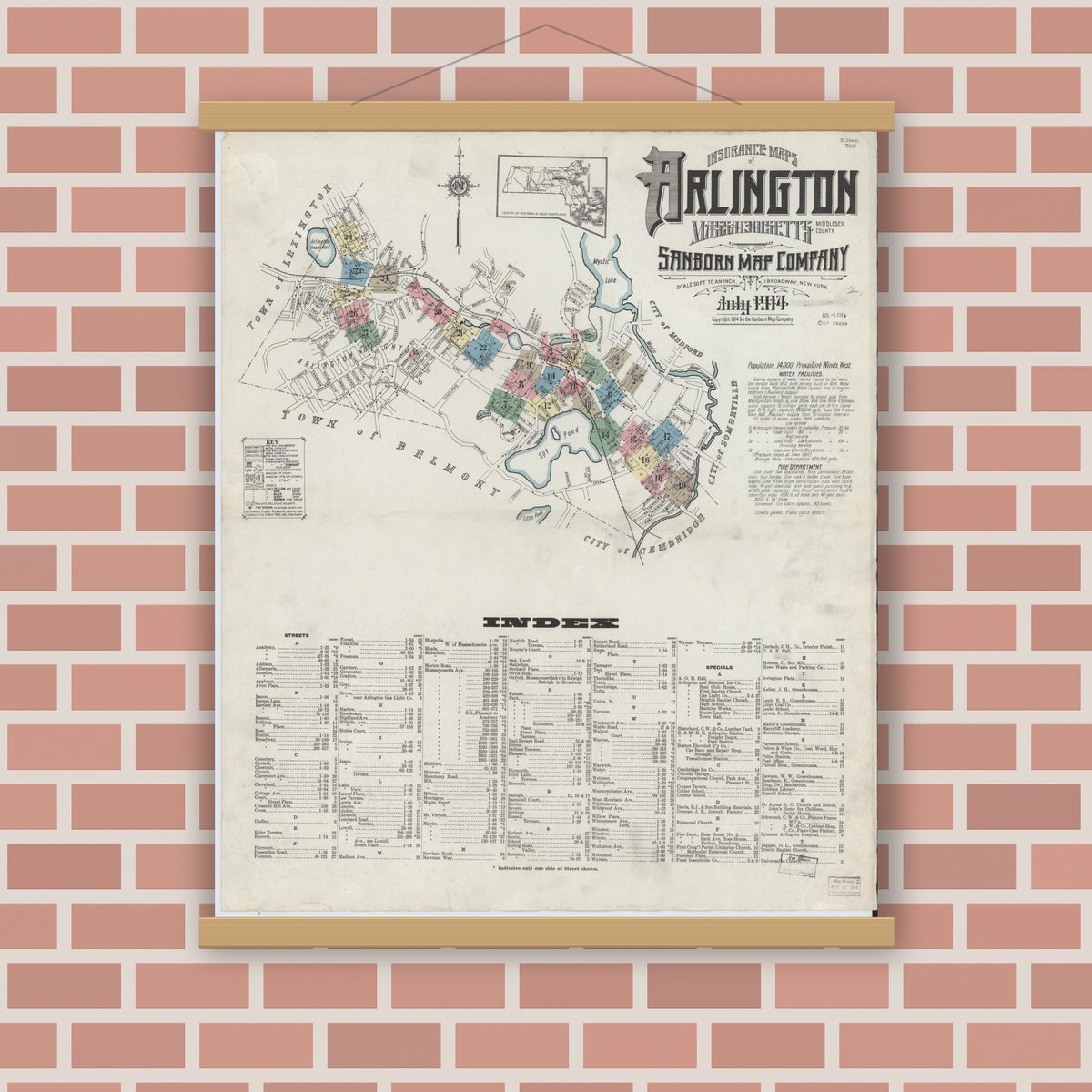 Old map wall art mockup — magnetic wood frame on brick wall — Sanborn Fire Insurance Map from Arlington, Middlesex County, Massachusetts (1914), Sheet #0001