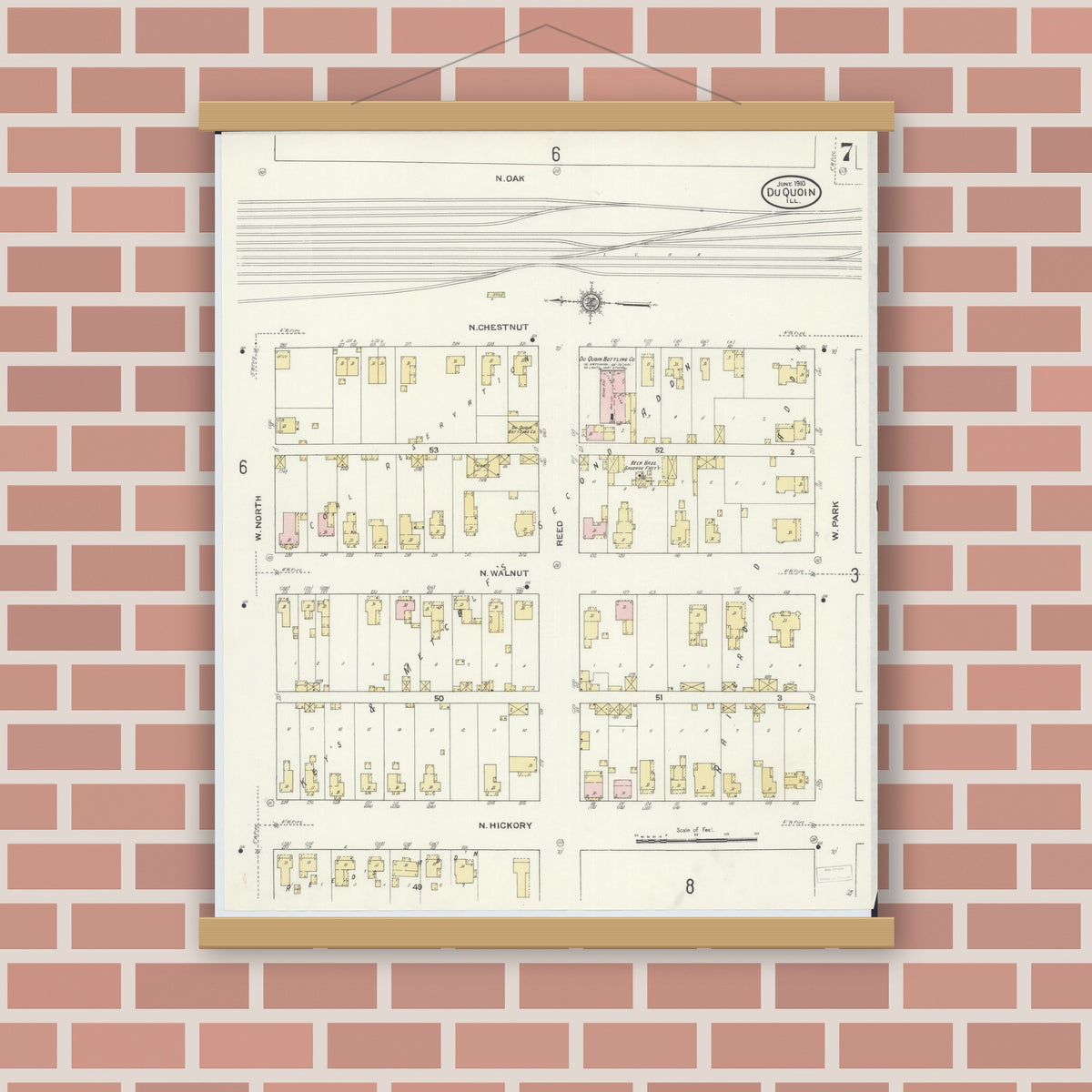 Old map wall art mockup — magnetic wood frame on brick wall — Sanborn Fire Insurance Map from Du Quoin, Perry County, Illinois (1910), Sheet #0007
